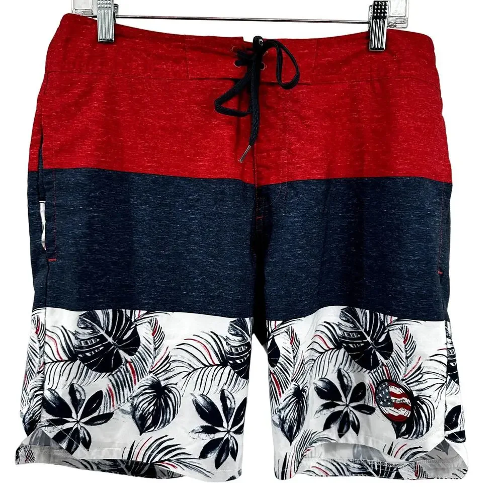 Travis Mathew Board Shorts Palm Tropical Colorblock Drawstring Red Blue Large